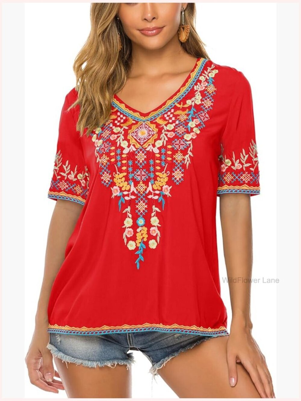 Boho V-Neck Embroidered Tunic Peasant Blouse Summer Top